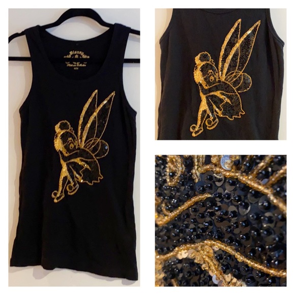 Tinkerbell-M-Sequin & Beaded Black & Gold Tank Top